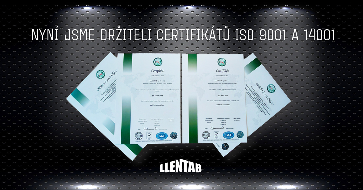 LLENTAB ISO Certifikáty 9001,14001